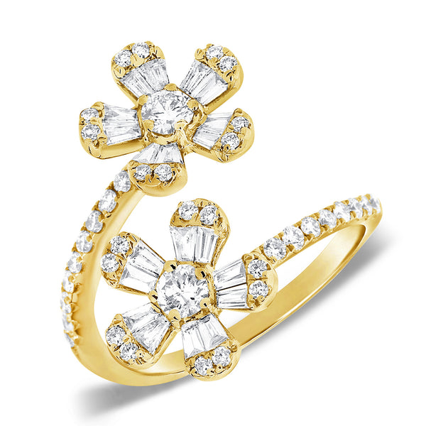 14K Yellow Gold Round and Baguette Diamond Flower Wrap Ring