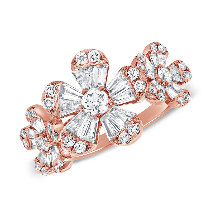 14K Rose Gold Diamond Triple Baguette Flower Ring
