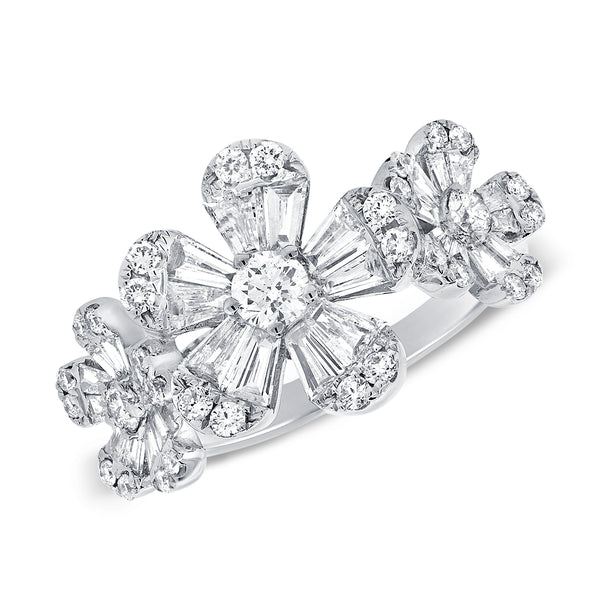 14K White Gold Diamond Triple Baguette Flower Ring-Rings-aaron jewelry-White Gold-