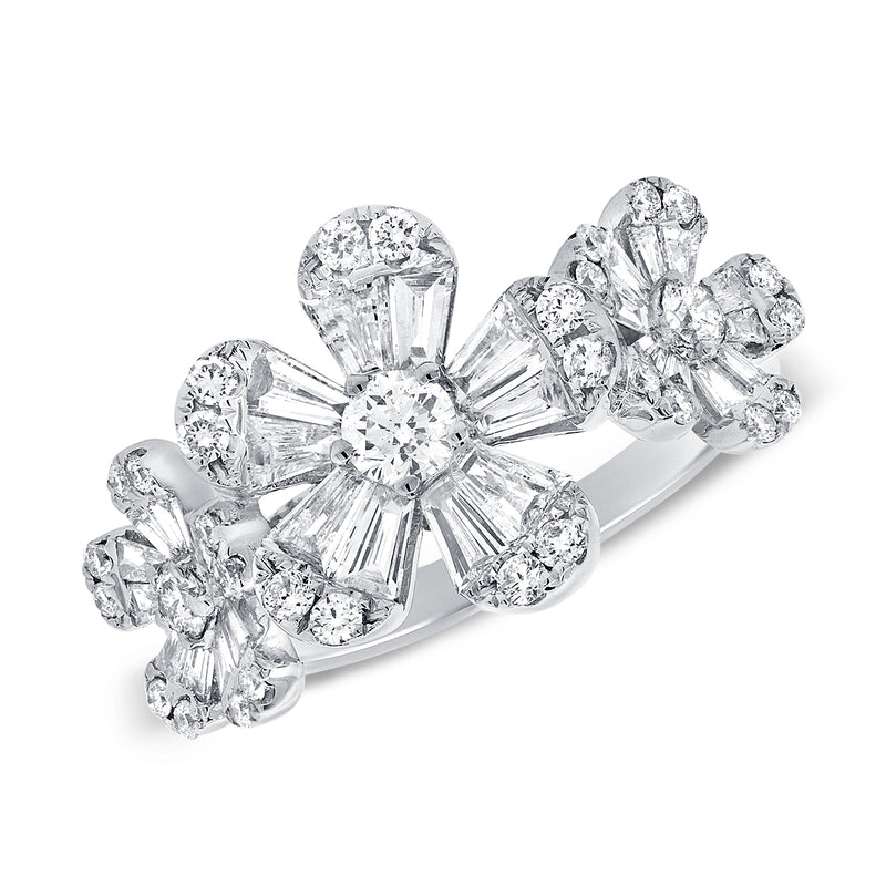 14K White Gold Diamond Triple Baguette Flower Ring-Rings-aaron jewelry-White Gold-