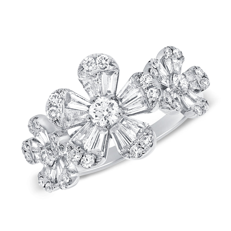 14K White Gold Diamond Triple Baguette Flower Ring