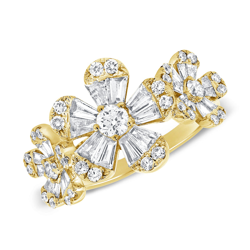 14K Yellow Gold Diamond Triple Baguette Flower Ring
