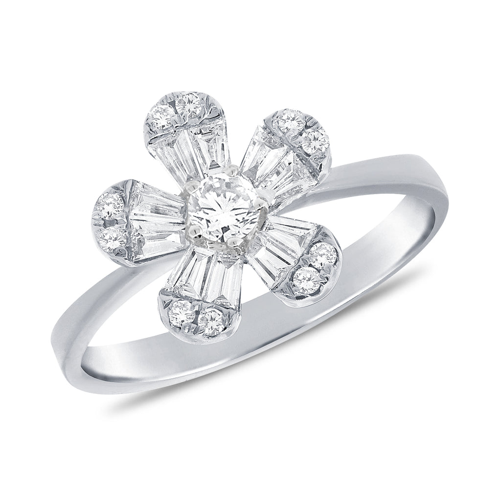 14K White Gold Baguette Diamond Small Flower Ring-Rings-Maurice's Jewelers-White Gold-