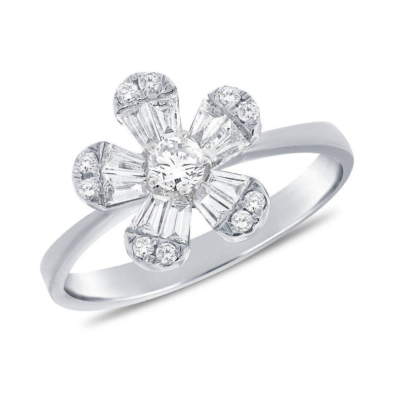 14K White Gold Baguette Diamond Small Flower Ring