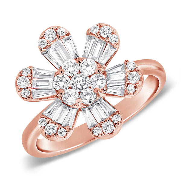 14K Rose Gold Baguette & Round Diamond Large Flower Ring