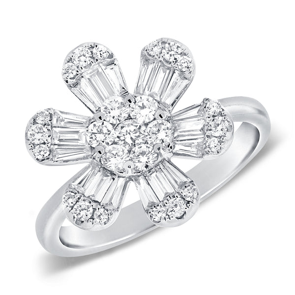 14K White Gold Baguette & Round Diamond Large Flower Ring-Rings-Maurice's Jewelers-White Gold-