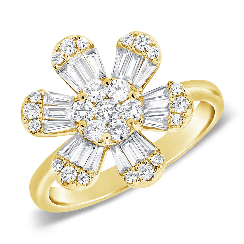 14K White Gold Baguette & Round Diamond Large Flower Ring