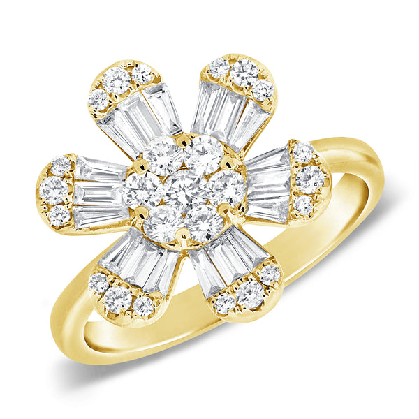 14K Yellow Gold Baguette & Round Diamond Large Flower Ring