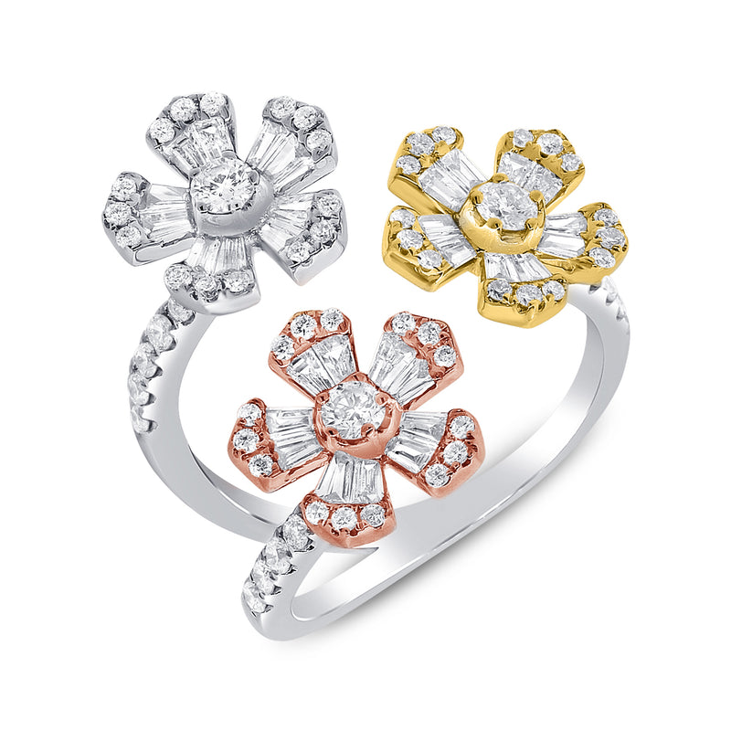 14K Tri-Color Gold Diamond Triple Flower Wrap Ring