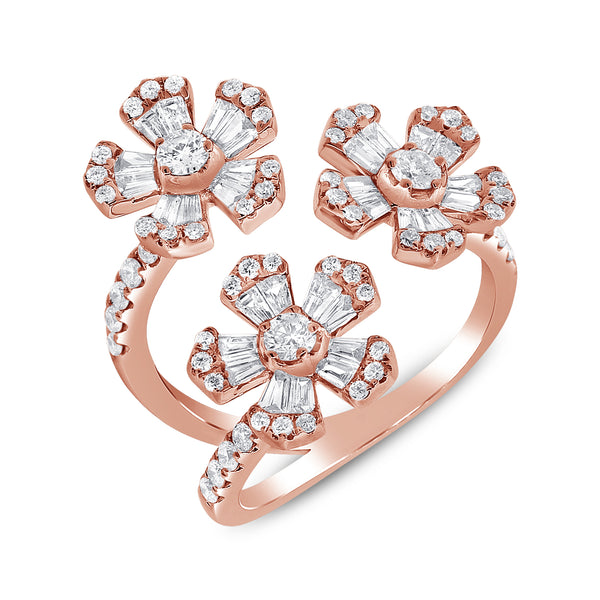14K Rose Gold Diamond Triple Flower Wrap Ring