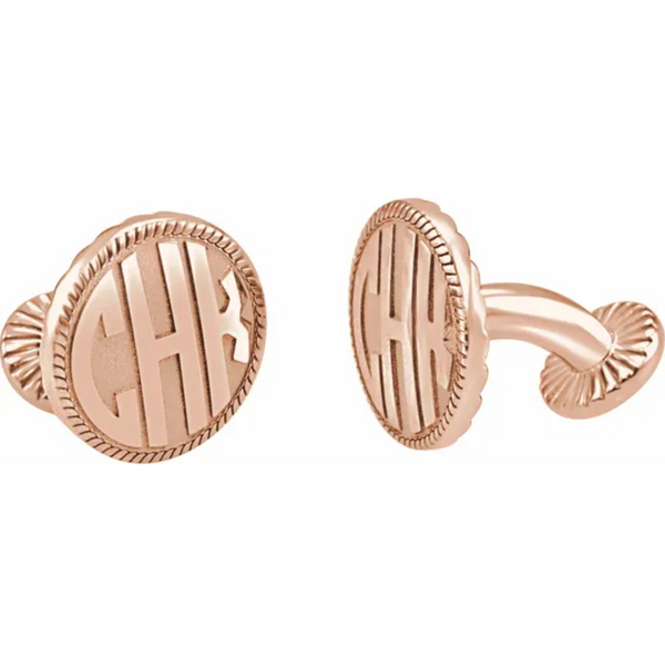 Rose Gold Plated Sterling Silver 3-Letter Block Monogram Round Cuff Links