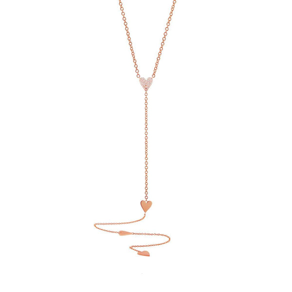 14K Rose Gold Pave Heart Lariat Necklace