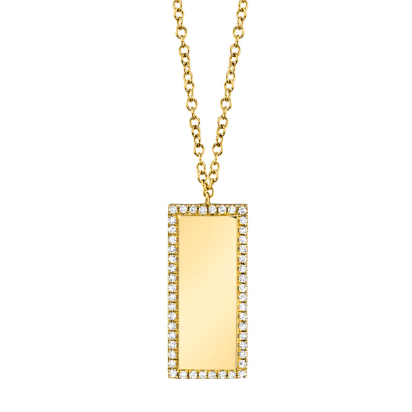 14K Yellow Gold Diamond Border Rectangle Bar ID Necklace