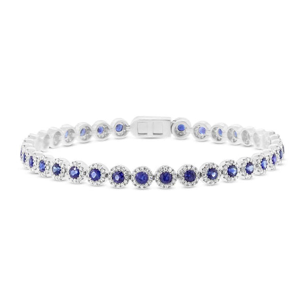 14K White Gold Diamond Halo + Blue Sapphire Bracelet