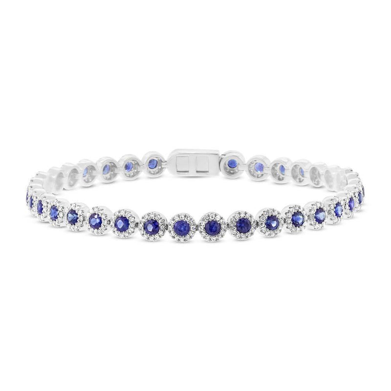 14K White Gold Diamond Halo + Blue Sapphire Bracelet-Bracelets-Maurice's Jewelers-