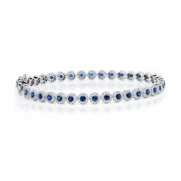 14K White Gold Diamond Halo + Blue Sapphire Bracelet-Bracelets-Maurice's Jewelers-WHITE GOLD-