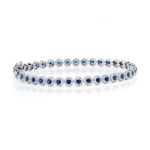 14K White Gold Diamond Halo + Blue Sapphire Bracelet