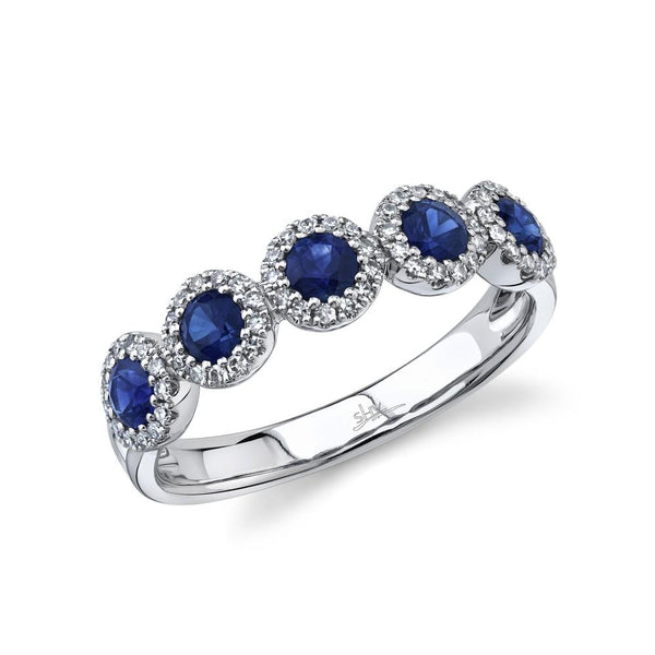 14K White Gold Diamond Halo + Blue Sapphire Band