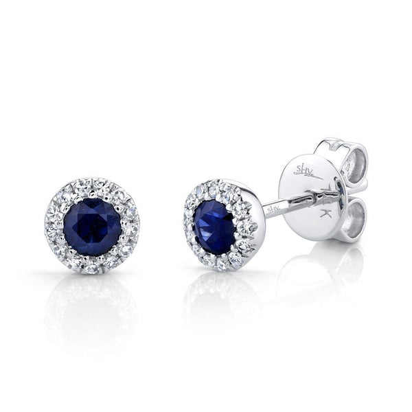 14K Yellow Gold Diamond + Blue Sapphire Earrings