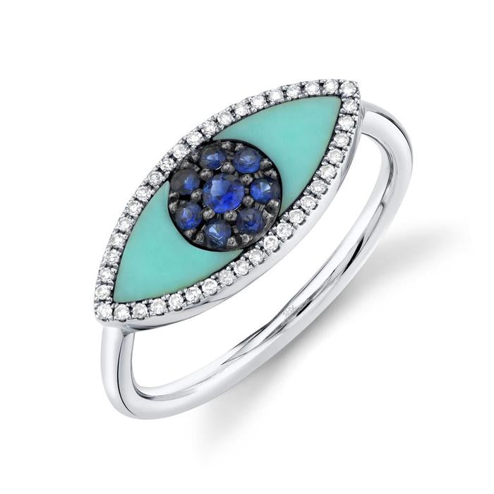 14K Rose Gold Diamond & Blue Sapphire + Turquoise Eye Ring