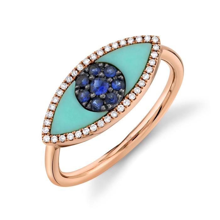 14K Rose Gold Diamond & Blue Sapphire + Turquoise Eye Ring