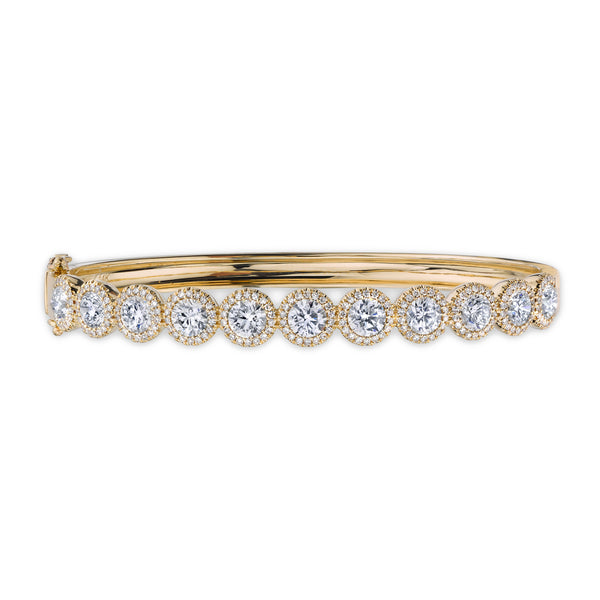 14K Yellow Gold Diamond Halo Hinged Bangle (Large)