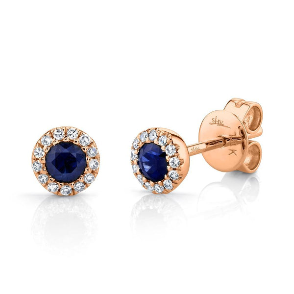 14K Rose Gold Diamond + Blue Sapphire Earrings