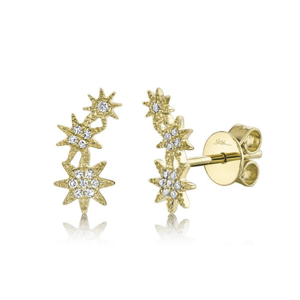 14K Yellow Gold Diamond Stars Stud Earrings