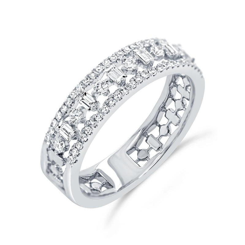 14K White Gold Round+Baguette Diamond Band