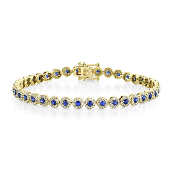 14K Yellow Gold Diamond Halo + Blue Sapphire Bracelet-Bracelets-Maurice's Jewelers-YELLOW GOLD-