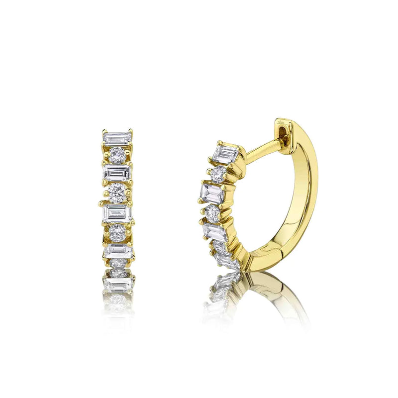 14K Yellow Gold Diamond Baguette Huggie Earrings