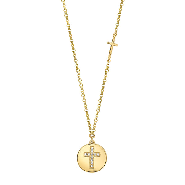 14K Yellow Gold Diamond Cross Disc Necklace