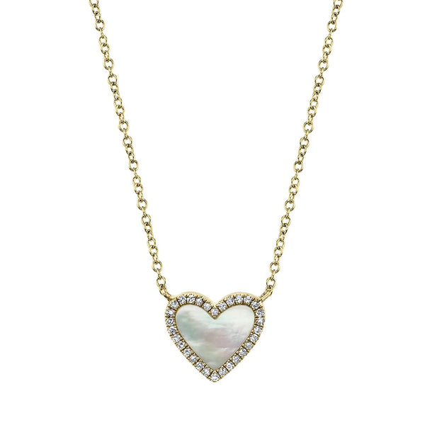 14K Yellow Gold Diamond and Mother of Pearl Heart Necklace
