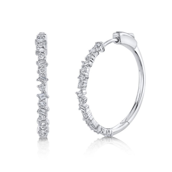 14K White Gold Round+Baguette Diamond Hoop Earrings