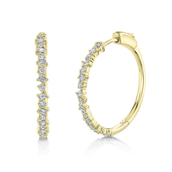 14K Yellow Gold Round+Baguette Diamond Hoop Earrings