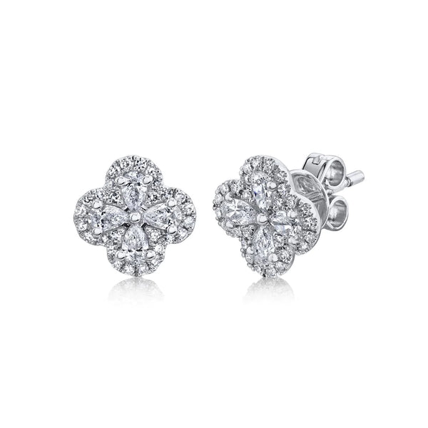 14K White Gold Diamond Clover Earrings