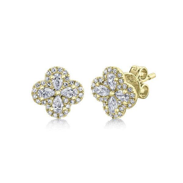14K Yellow Gold Round and Pear Diamond Clover Stud Earrings