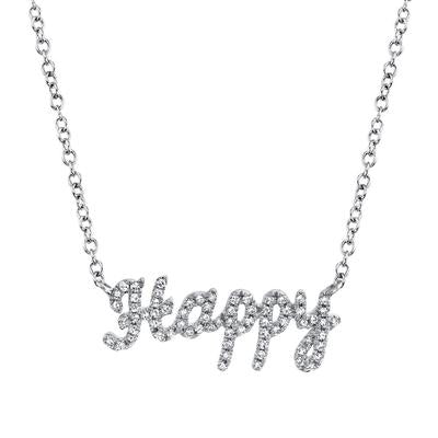 14K White Gold Diamond "HAPPY" Necklace