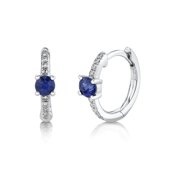 14K White Gold Diamond and Sapphire Huggie Earrings