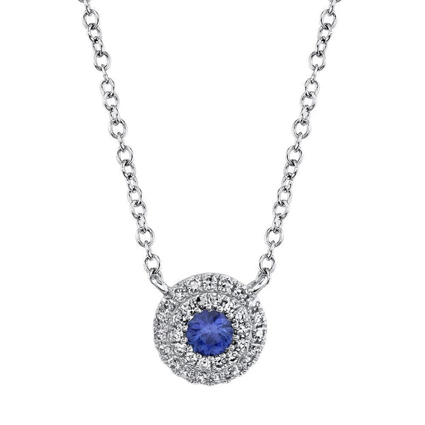 14K White Gold Diamond + Blue Sapphire Necklace