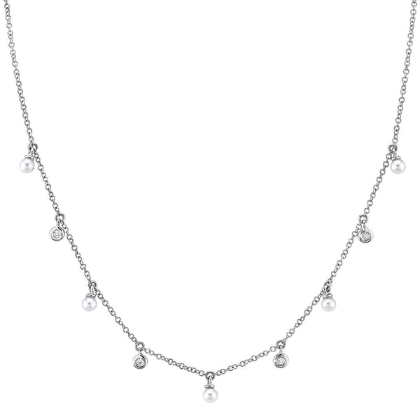 14K White Gold Diamond & Cultured Pearl Dangle Necklace
