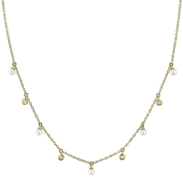 14K Yellow Gold Diamond & Cultured Pearl Dangle Necklace