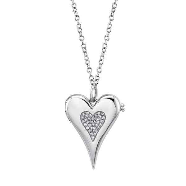 14K White Gold Diamond Pave Heart Locket Necklace