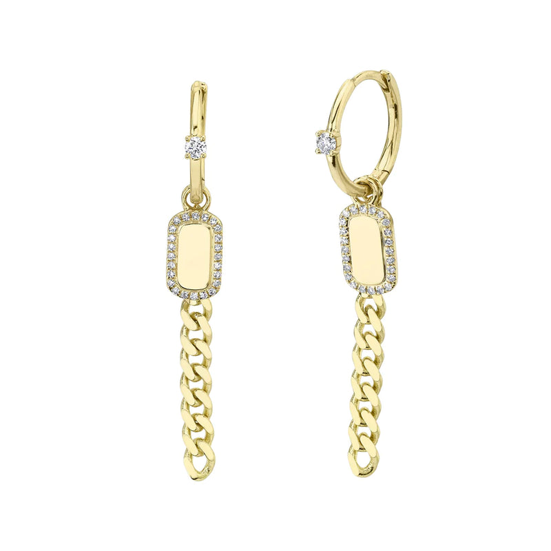 14K Yellow Gold Diamond Dog Tag Link Huggie Earrings-Earrings-Maurice's Jewelers-