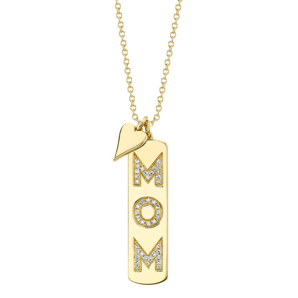 14K Yellow Gold Diamond "Mom" Dog Tag and Heart Necklace