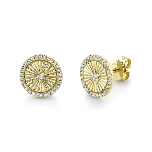 14K Yellow Gold Diamond Fluted Round Disc Earrings