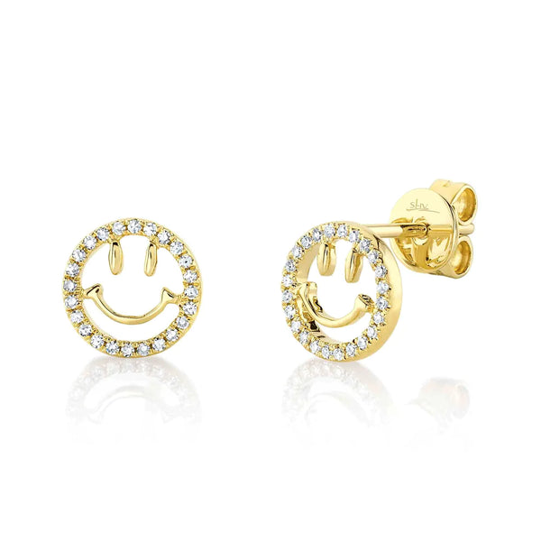 14K Yellow Gold Diamond Smiley Face Stud Earrings