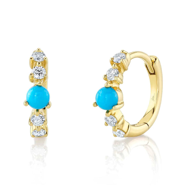 14K Yellow Gold Diamond and Turquoise Huggie Earrings