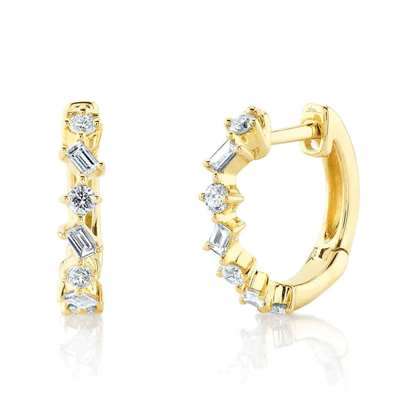 14K Yellow Gold Diamond Baguette Huggie Earrings