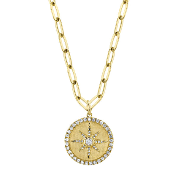 14K Yellow Gold Diamond Compass Paperclip Necklace